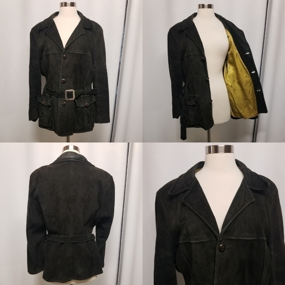 Vintage 50s Rancher Boho Buckskin Black Suede Leather Belted Button Down Coat Md - Picture 2 of 8